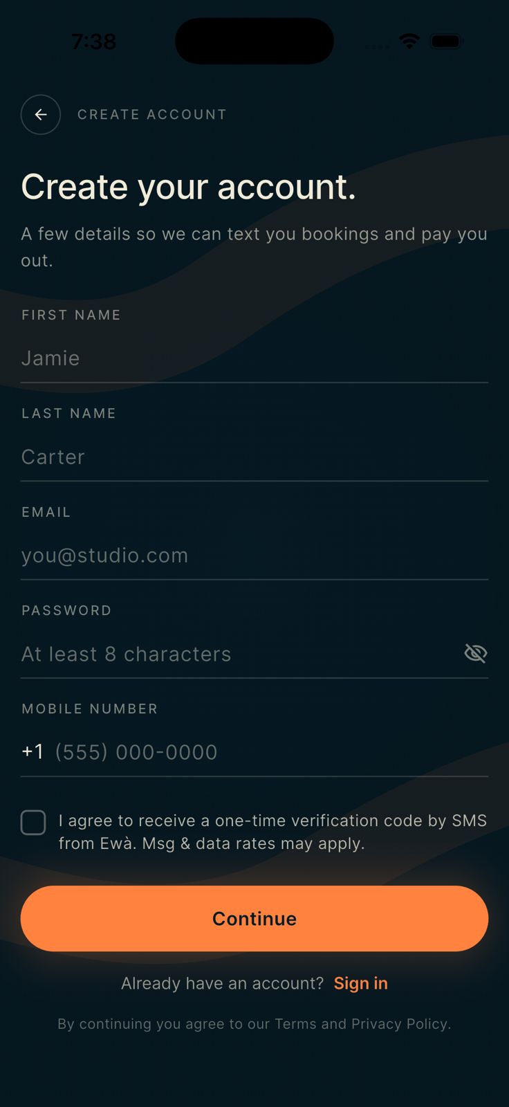 Ewà mobile app registration screen showing the mobile number field with an unchecked SMS consent checkbox directly below it.